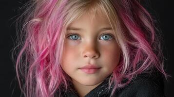 Young girl with vibrant pink hair and striking blue eyes poses against a dark background, showcasing her unique style and charm photo