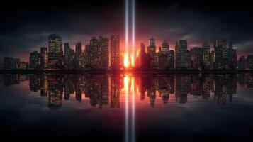 Stunning sunset view of a city skyline with reflection over calm waters photo