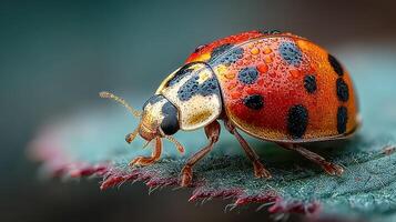 Colorful ladybug resting on a leaf with dew drops in a vibrant garden setting photo