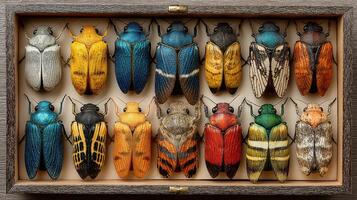 Colorful collection of preserved beetles displayed in a wooden case at a natural history exhibit photo