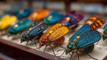 Colorful collection of preserved beetles displayed in a wooden showcase in a natural history museum photo