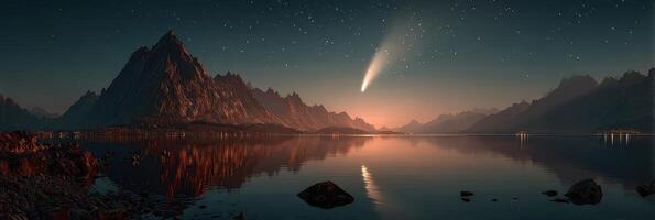 Comet streaking across a serene lake with mountains under a starlit sky at night photo