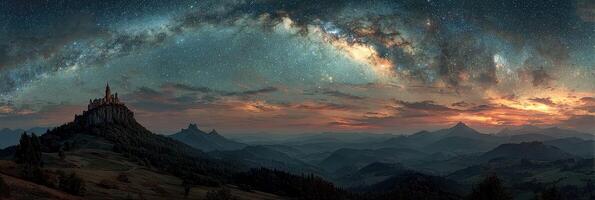 Majestic night sky over a castle on a hill with a vibrant galaxy and mountains in the background during twilight hours photo