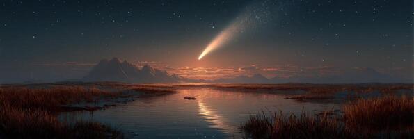 Night sky filled with a bright comet shining over tranquil waters and mountains at dusk photo