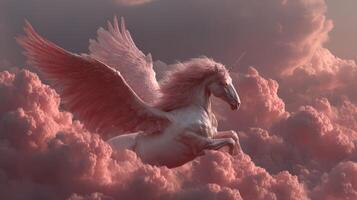 Magical winged unicorn soars through fluffy pink clouds at sunset photo