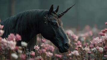 Mystical black unicorn surrounded by pink flowers in a serene landscape at dusk photo