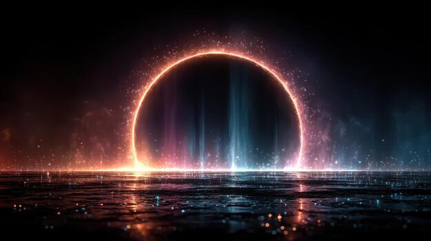 Mysterious cosmic event with glowing eclipse reflecting on dark surface in a surreal atmosphere photo