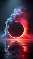 Colorful cosmic phenomenon with glowing circle and smoke at night creating a surreal atmosphere photo