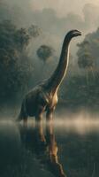 Majestic dinosaur stands in foggy prehistoric landscape with lush vegetation and tranquil water photo