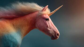 Colorful unicorn with a shimmering mane against a soft backdrop highlighting magical realism in a fantasy setting photo