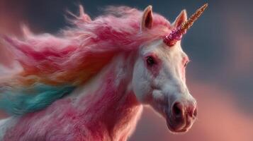 Vibrant unicorn with colorful mane standing against a surreal pastel sky at twilight photo