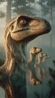 Dinosaurs emerge from misty waters during sunset in a prehistoric forest setting photo