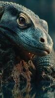 Close view of a lizard resting on a rocky terrain near a water source during the early morning hours in a tropical forest photo