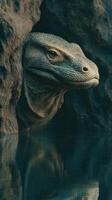 Large reptile emerging from rocky environment near still water during daylight photo