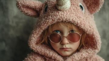Young child wearing a pink unicorn hoodie and sunglasses indoors with a serious expression on their face photo