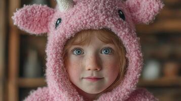 Young child wears pink unicorn hoodie with ears, showcasing joyful expression in cozy indoor setting during winter photo