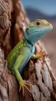 Colorful lizard perched on textured wood during daylight, showcasing vibrant scales and inquisitive expression photo