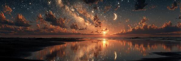 Stunning sunset over the ocean with a vibrant sky full of stars and a glowing moon reflecting on the water's surface photo