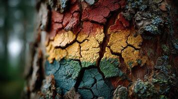 Vivid colors on a cracked tree bark in a forest setting during daylight showcasing nature's artistry photo
