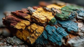 Colorful bark with vibrant patterns contrasting against natural textures in a close-up view photo