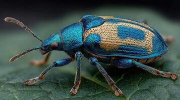 Vibrant blue and gold beetle crawling on a green leaf under natural light in a detailed close-up view photo