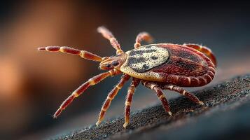 Close-up view of a tick on a textured surface showcasing details of its reddish-brown body and legs during daylight photo