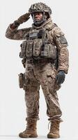 Soldier in military uniform saluting during daytime in a neutral setting while prepared for action photo