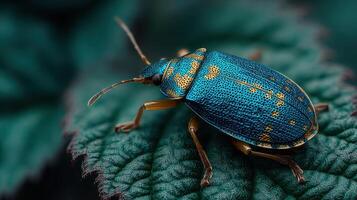Vibrant blue metallic beetle resting on a green leaf in a natural setting photo