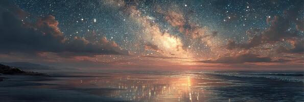 Night sky filled with stars reflects on calm ocean at twilight near coastline photo