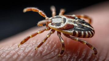 Close-up of a tick on human skin illustrating details of its structure and coloration photo