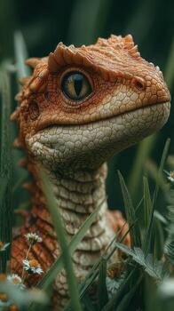 Realistic close-up of an imaginative dragon-like creature in a lush green environment during daylight photo