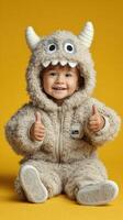 Cute toddler in fluffy monster costume gives thumbs up on bright yellow background during playful indoor photo session