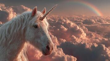 Magical unicorn standing amidst fluffy clouds under a vibrant rainbow at sunset photo