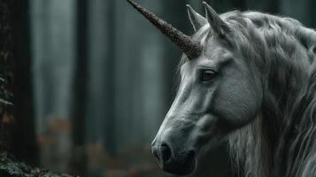 Mystical unicorn standing in a foggy forest with enchanting atmosphere and calm demeanor photo