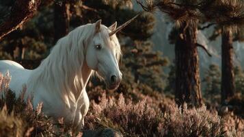 Majestic white unicorn resting in a lush forest during golden hour with trees and flowers in the background photo