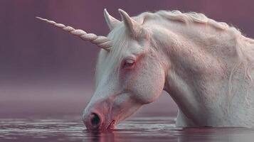 Magical unicorn drinking water at dawn in a serene misty landscape near a tranquil lake photo