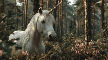 Magical unicorn standing peacefully in a serene forest with tall trees and lush greenery during golden hour photo