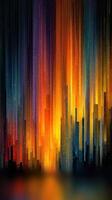 Vibrant abstract artwork depicting vertical lines and glowing colors in a mesmerizing blend of orange, blue, and black tones at sunset photo