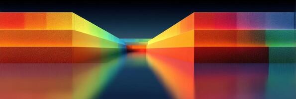 Colorful abstract geometric shapes reflect on a calm surface in a vibrant digital landscape at night photo