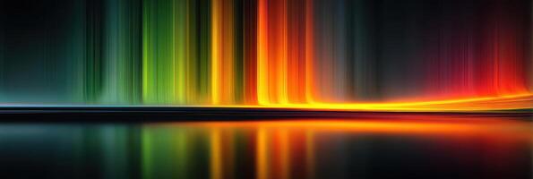 Vibrant abstract light trails reflect on a dark surface creating a dynamic visual experience in a serene setting photo