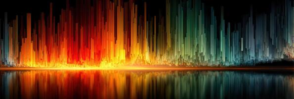 Vibrant wave of abstract colors reflecting light over a calm surface in a digitally created environment photo