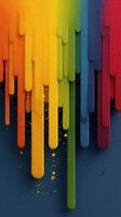 Colorful vertical paint drips create a vibrant abstract art piece on a dark surface in a creative studio photo