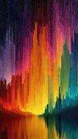 Colorful abstract skyline at dusk with vibrant hues and reflections in water photo