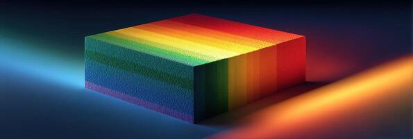 Colorful 3D block with rainbow gradient illuminated by light in a dark setting photo
