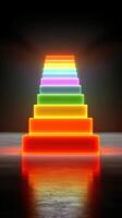 Vibrant neon stairs illuminate a dark space, creating an artistic and colorful pathway photo