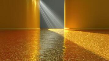 Bright light shines through open doors reflecting golden hues on a shimmering floor photo