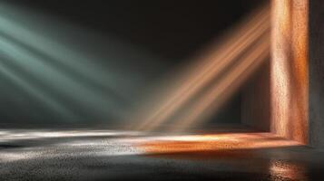 Light beams create a captivating atmosphere in a dimly lit room during late afternoon hours photo