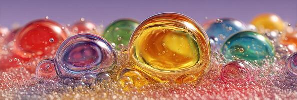 Colorful bubbles float in a sparkling liquid, showcasing vibrant hues under soft light in a creative arrangement photo
