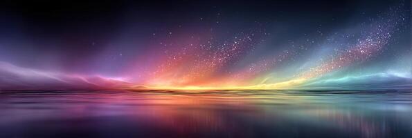 Vivid colors blend in the sky above a calm ocean at dusk creating a serene and magical atmosphere photo