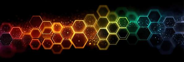 Colorful hexagonal pattern with gradient effects in vibrant shades against a dark background photo